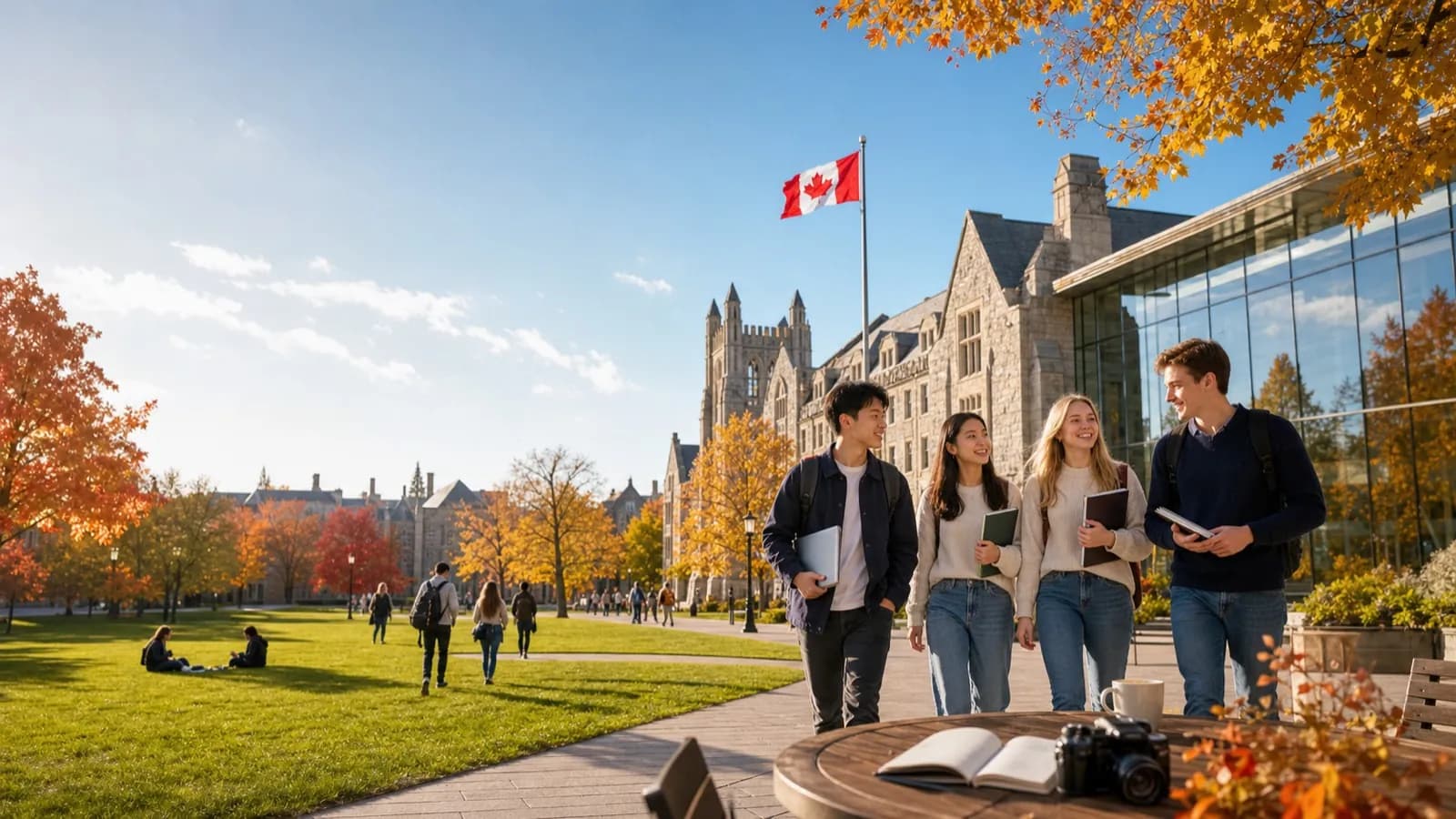 International student walking across a Canadian university campus in autumn with a backpack