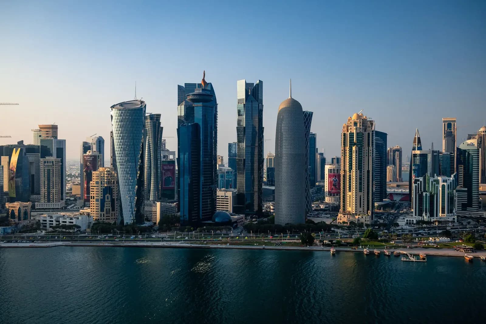 Doha skyline with the Corniche waterfront at night, Qatar