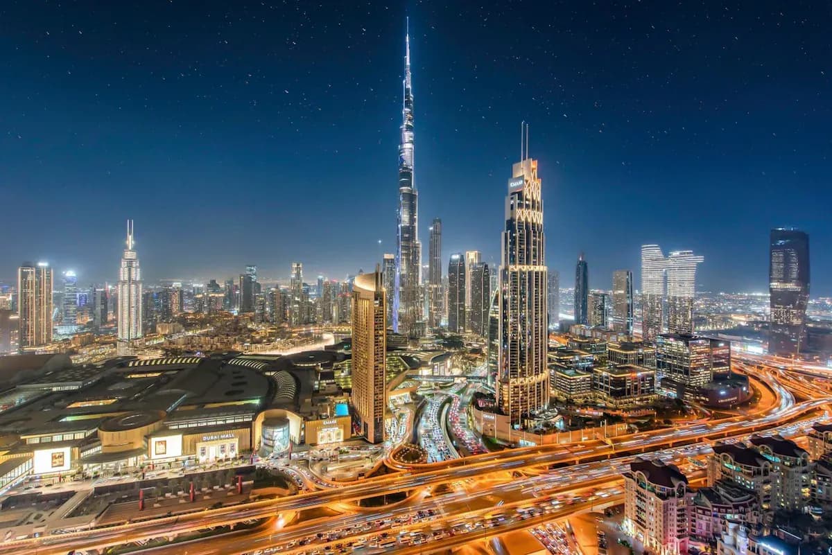 Dubai skyline with the Burj Khalifa at sunset, United Arab Emirates