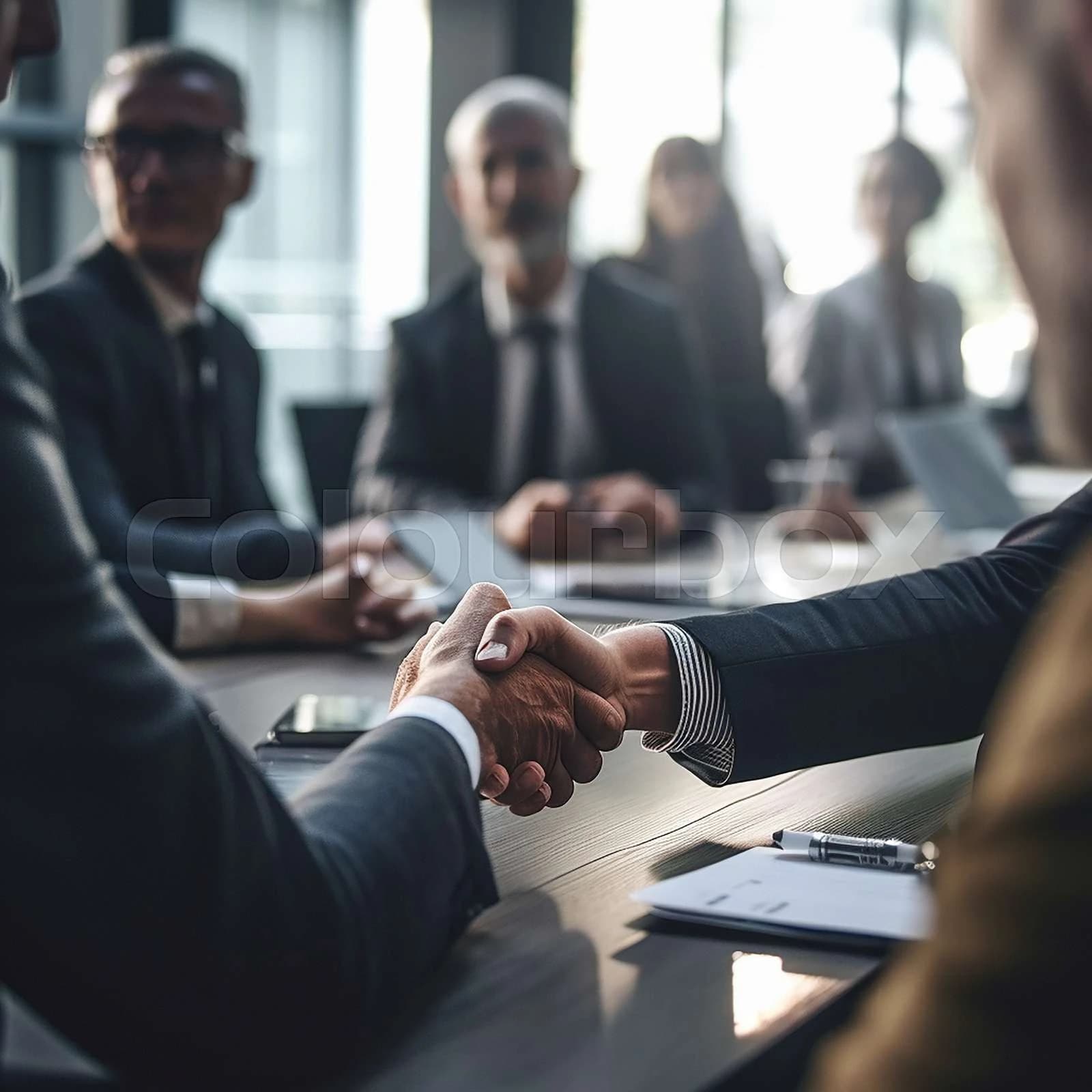 Business professionals shaking hands in a modern conference room during an overseas trade visit